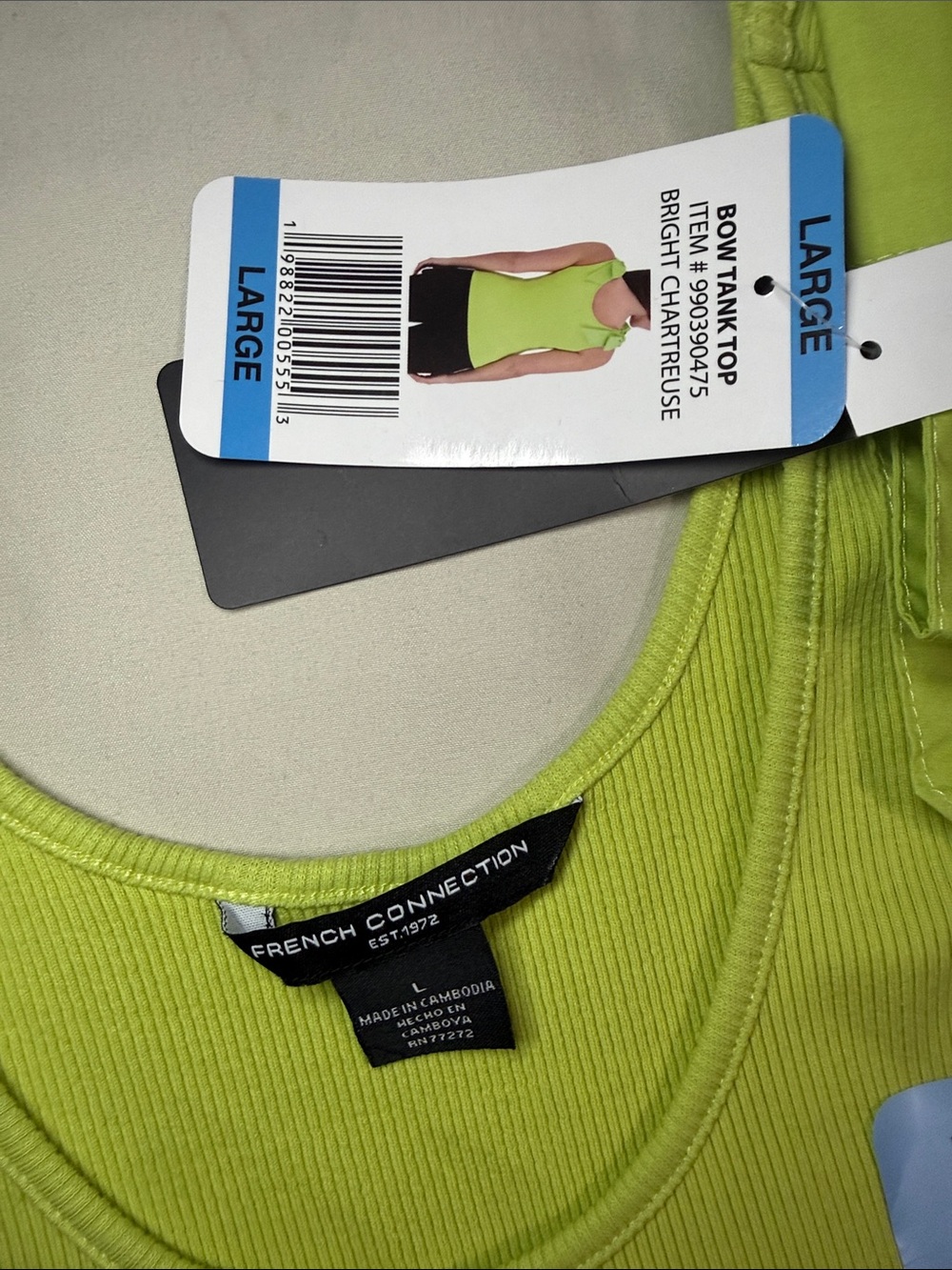 French Connection Neon Lime Ribbed Tank with Shoulder Bows - Picture 4 of 5